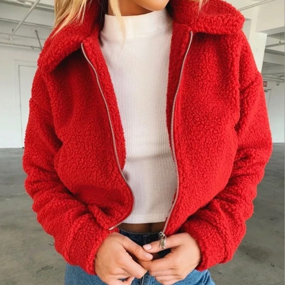 Tiger Mist cropped Sherpa teddy jacket Red ♥️